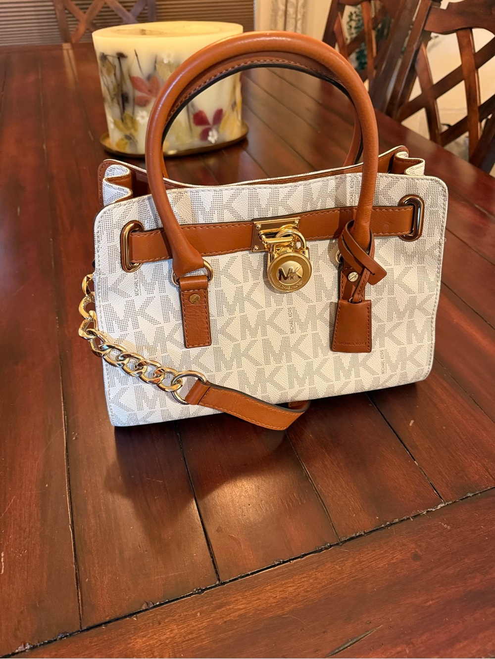 Michael Kors MK Logo Satchel with Brown Trim and Gold Hardware